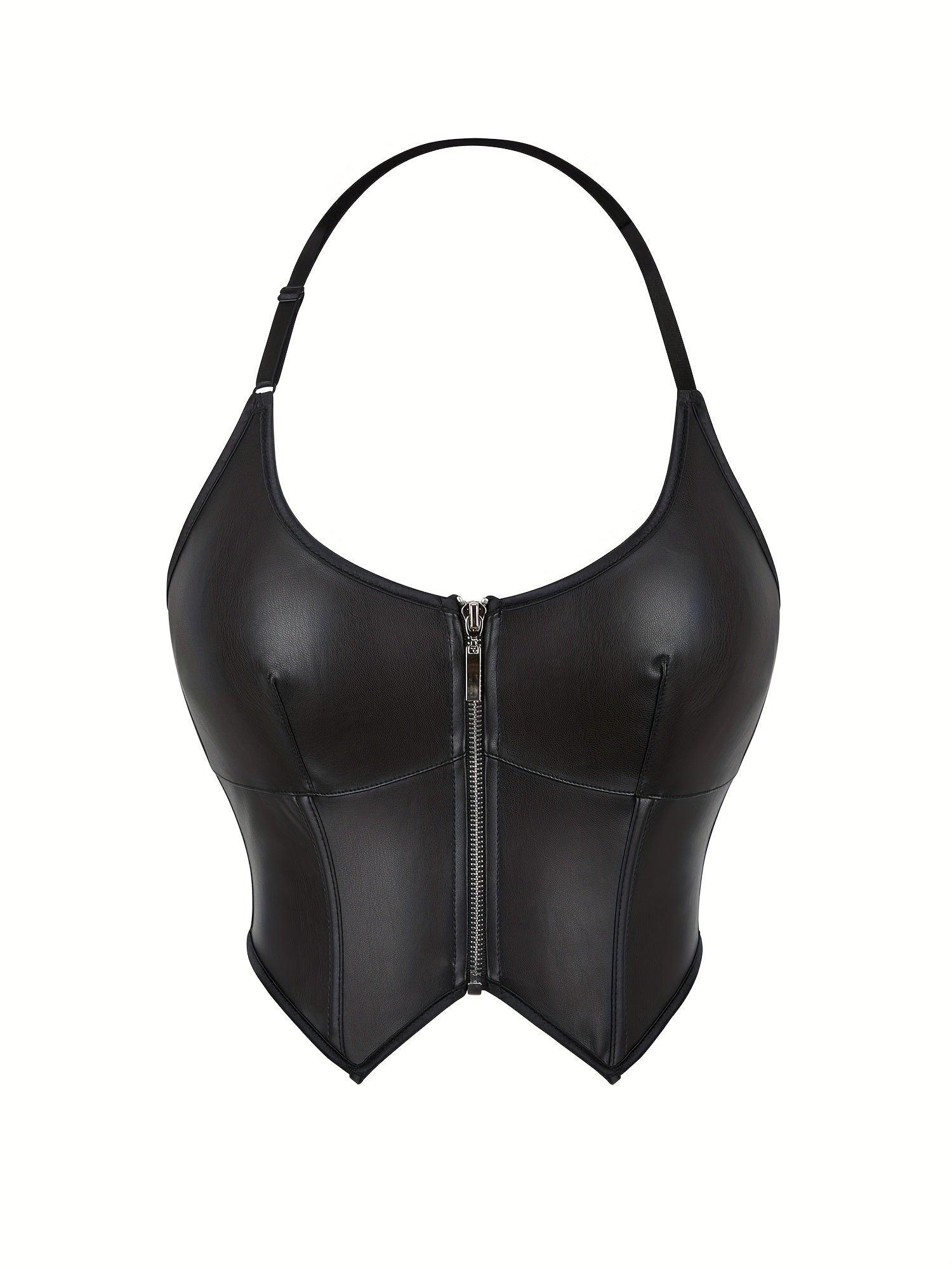 Lace Up Faux Leather Halter Neck Top, Stylish Backless Corset Crop Top, Women's Clothing For Y2K/Grunge Style